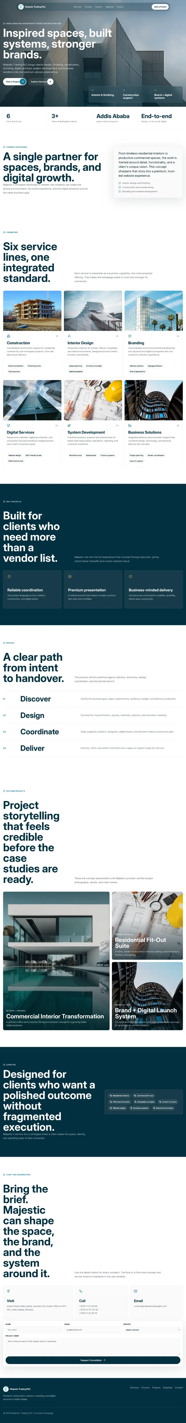 Full Majestic Trading PLC website showing the corporate hero, services, process, projects, contact form, and footer