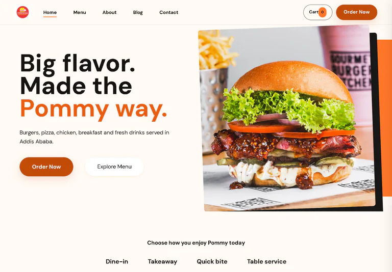 Pommy restaurant commerce homepage