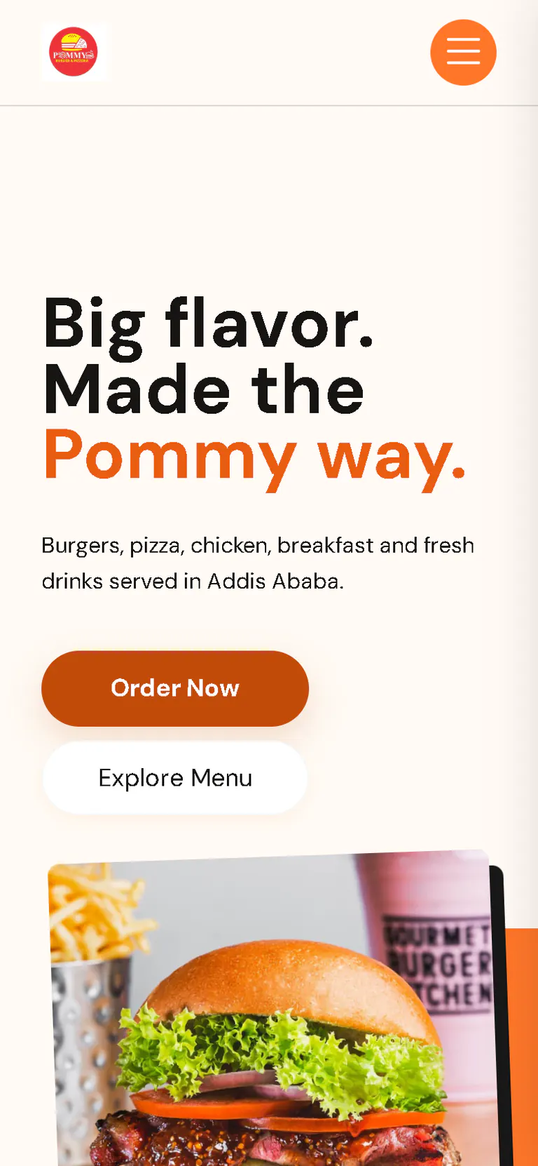 Pommy restaurant commerce homepage on mobile