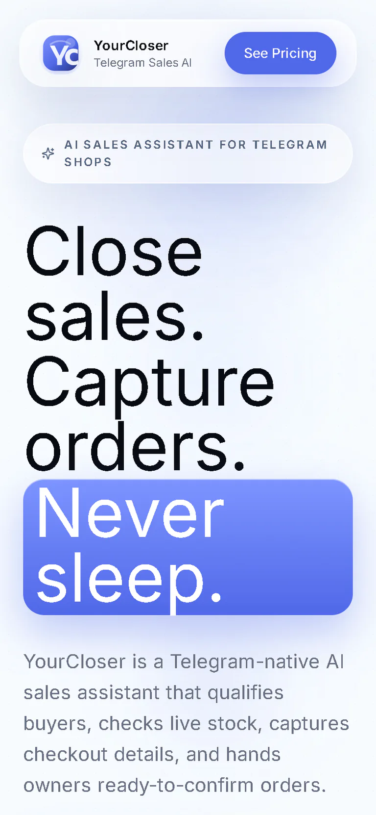 YourCloser commerce automation website on mobile